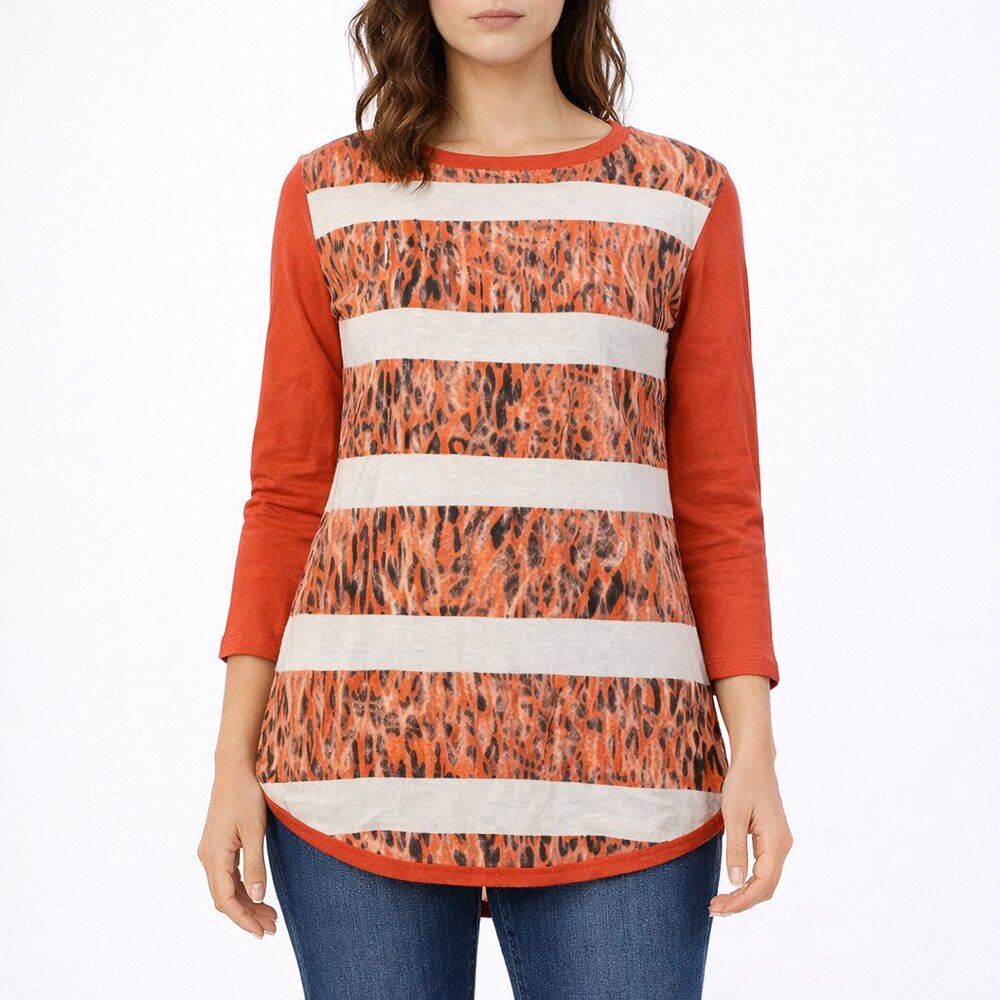 Neiman Marcus‎ Cashmere Silk Wool Stripe Leopard Print Top Red/Orange Small